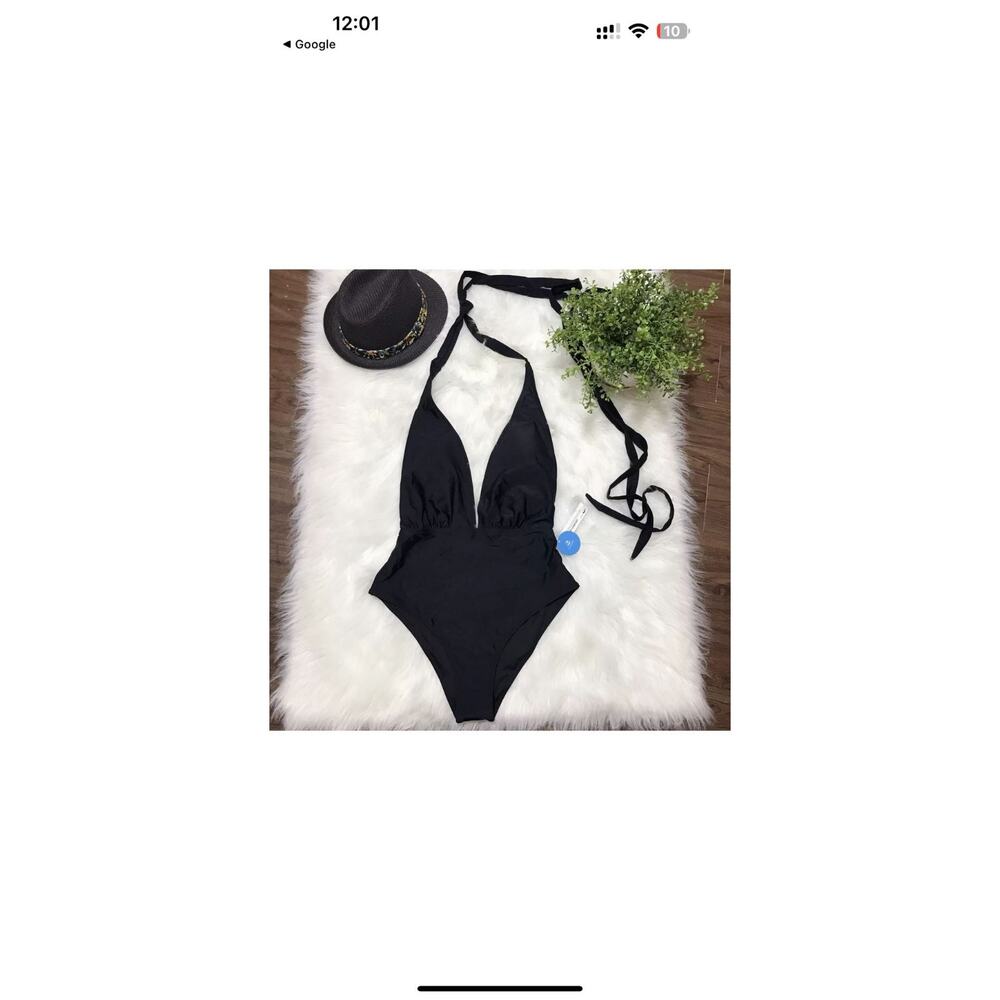 CUPSHE Women One Piece Size S Black Plunging Neck Halter Deep V-Neck Swimsuit